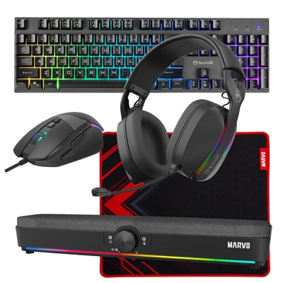 Marvo Scorpion 6-Product Gaming &amp; Streaming Bundle featuring Gaming Keyboard, Programmable USB Mouse, Non-Slip Mousepad, PC &amp; Console-Compatible Gaming Headset, RGB Stereo Soundbar &amp; USB Streaming Microphone