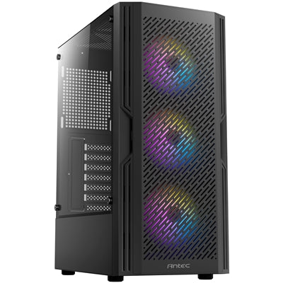 Antec AX20 Case, Black, Mid Tower, 1 x USB 3.0 / 2 x USB 2.0, Tempered Glass Side Window Panel, Slanted Bar &amp; Mesh Design for Massive Airflow, 3 x Pre-Installed RGB LED Fans, ATX, Micro ATX, Mini-ITX Compatible