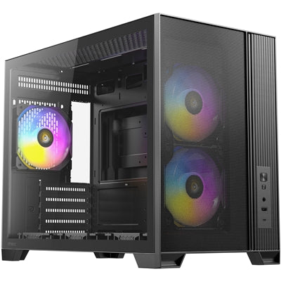Antec FLUX M Mini Tower Gaming Case, 1 x USB Type-C / 1 x USB 3.0, Tempered Glass Side Window Panel, Vertical Airflow Design, 3 x Pre-Installed RGB LED Fans &amp; 3 PWM Reverse Fans, Micro-ATX, ITX Compatible