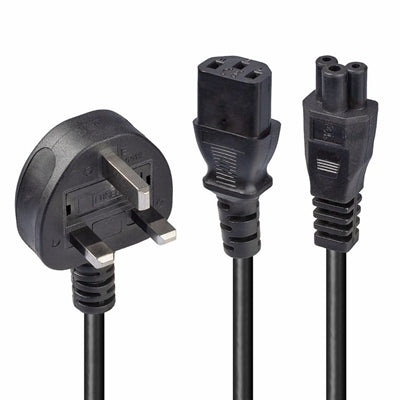 Lindy 30374 2.5m UK 3 Pin Plug To IEC C13 (Kettle) &amp; IEC C5 (Clover) 10 Amp Mains Splitter Extension Cable - Black