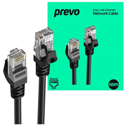 Prevo CAT6-BLK-10M Network Cable, RJ45 (M) to RJ45 (M), CAT6, 10m, Black, Oxygen Free Copper Core, Sturdy PVC Outer Sleeve &amp; Clip Protector, Retail Box Packaging