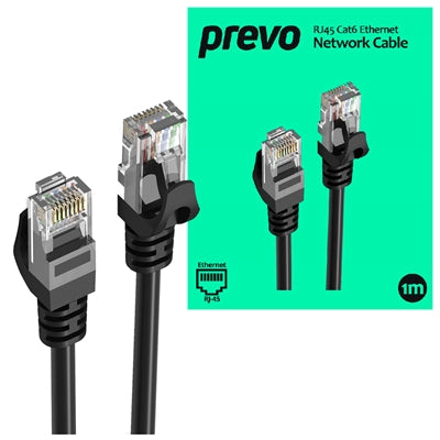 Prevo CAT6-BLK-1M Network Cable, RJ45 (M) to RJ45 (M), CAT6, 1m, Black, Oxygen Free Copper Core, Sturdy PVC Outer Sleeve &amp; Clip Protector, Retail Box Packaging