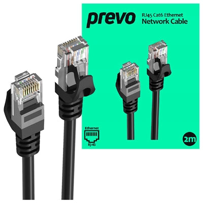 Prevo CAT6-BLK-2M Network Cable, RJ45 (M) to RJ45 (M), CAT6, 2m, Black, Oxygen Free Copper Core, Sturdy PVC Outer Sleeve &amp; Clip Protector, Retail Box Packaging