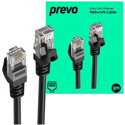 Prevo CAT6-BLK-3M Network Cable, RJ45 (M) to RJ45 (M), CAT6, 3m, Black, Oxygen Free Copper Core, Sturdy PVC Outer Sleeve &amp; Clip Protector, Retail Box Packaging