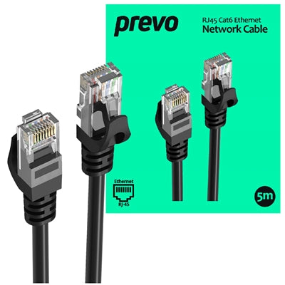 Prevo CAT6-BLK-5M Network Cable, RJ45 (M) to RJ45 (M), CAT6, 5m, Black, Oxygen Free Copper Core, Sturdy PVC Outer Sleeve &amp; Clip Protector, Retail Box Packaging