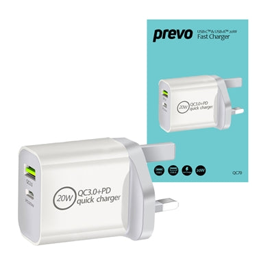 Prevo QC70 20W USB Type-C &amp; USB Type-A Fast Charge Mains Charger with QC 3.0 for Laptops, Ultrabooks, Chromebooks, iPads, MacBooks, Smartphones, Tablets, Mobile Devices, Action Cameras, DSLRs