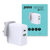 Prevo QC72 65W USB Type-C & USB Type-A Fast Charge Mains Charger with Qualcomm Quick Charge 3.0 and 1.5m 100W USB-C