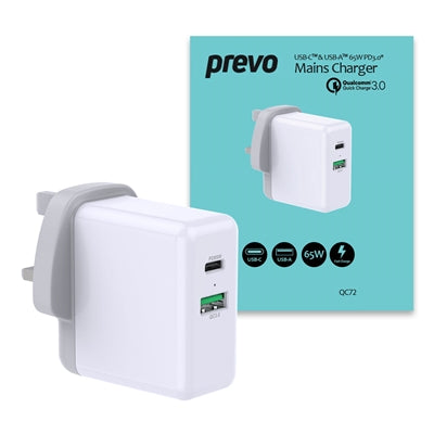 Prevo QC72 65W USB Type-C &amp; USB Type-A Fast Charge Mains Charger with Qualcomm Quick Charge 3.0 and 1.5m 100W USB-C Cable for Laptops, Ultrabooks, Chromebooks, iPads, MacBooks, Smartphones, Tablets, Mobile Devices, Action Cameras, DSLRs