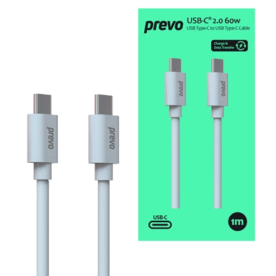 Prevo USB 2.0 60W C to C PVC cable, 20V/3A, 480Mbps, White, Superior Design &amp; Performance, Retail Box Packaging