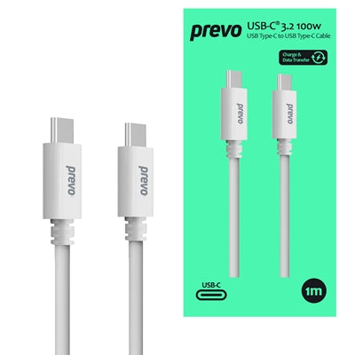 Prevo USB 3.2 100W C to C cable, 20V/5A, 10GB/20GB/s, White, Superior Design &amp; Performance, Retail Box Packaging