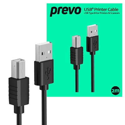 Prevo USBA-USBB-2M USB Printer Cable, USB 2.0 Type-A (M) to USB 2.0 Type-B (M), 2m, Black, 480Mbps Transmission Rate, Suitable for Printers &amp; Scanners, Retail Box Packaging