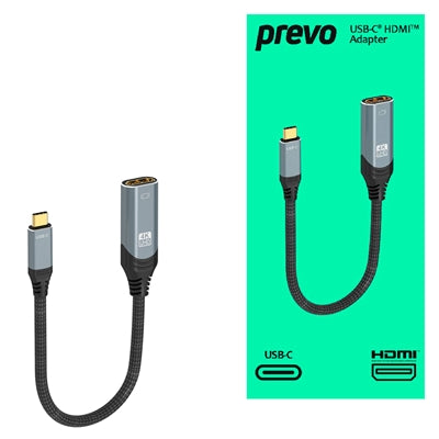 Prevo USBC-HDMI-ADA Display Converter Adapter, USB Type-C (M) to HDMI (F), 0.2m, Black &amp; Silver, HDMI 2.0, Supports up to 4K@60Hz, Braided Cable, Retail Box Packaging