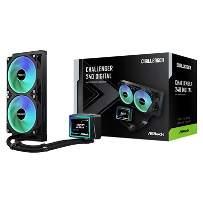 ASRock Challenger 240 Digital AIO Liquid CPU Cooler, 240mm Radiator, Dual 120mm PWM ARGB Fans, 3" Digital Display, Intel LGA1700/1851 &amp; AMD AM5/AM4 Compatible