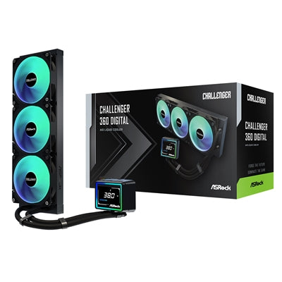 ASRock Challenger 360 Digital AIO Liquid CPU Cooler, 360mm Radiator, Triple 120mm PWM ARGB Fans, 3? Digital Display, Intel LGA1700/1851 &amp; AMD AM5/AM4 Compatible