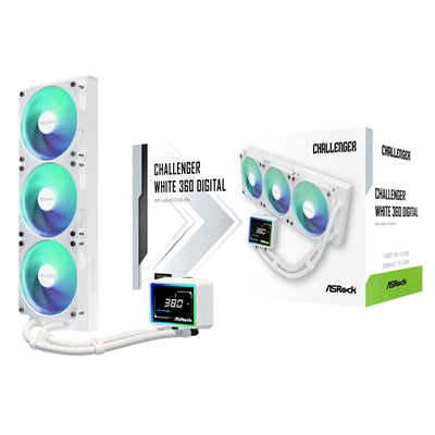 ASRock Challenger 360 Digital White AIO Liquid CPU Cooler, 360mm Radiator, Triple 120mm PWM ARGB Fans, 3? Digital Display, Intel LGA1700/1851 &amp; AMD AM5/AM4 Compatible