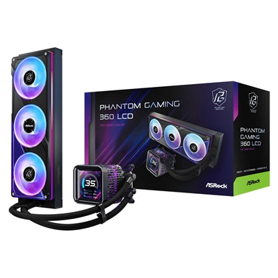ASRock Phantom Gaming 360 LCD AIO Liquid CPU Cooler, 360mm Radiator, Triple 120mm PWM ARGB Fans, LCD Display, Intel LGA1700/1851 &amp; AMD AM5/AM4 Compatible