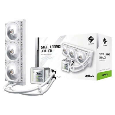 ASRock Steel Legend 360 LCD White AIO Liquid CPU Cooler, 360mm Radiator, Triple 120mm PWM ARGB Fans, LCD Display, Intel LGA1700/1851 &amp; AMD AM5/AM4 Compatible