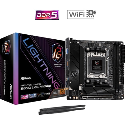 ASRock B650I LIGHTNING WIFI AMD AM5 Socket Motherboard, Mini-ITX, 2x DDR5 Slots, 2x M.2 Sockets, Fitted I/O Shield, 2.5GbE LAN, Wi-Fi 6E, 1x HDMI Port