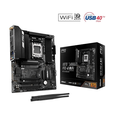 ASRock X870 Pro-A WiFi AMD AM5 Socket Motherboard, ATX, 4x DDR5 Slots, 3x M.2 Sockets, 2.5GbE LAN, Wi-Fi 7, 1x HDMI Port / 2x USB-C (USB4)