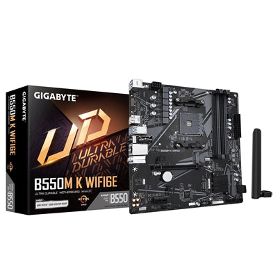 Gigabyte B550M K WIFI6E AMD AM4 Socket Motherboard, Micro-ATX, 4x DDR4 Slots, 2x M.2 Sockets, GbE LAN, Wi-Fi 6E, 1x DisplayPort / 1x HDMI Port