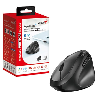 Genius Ergo 8350S Wireless Ergonomic Vertical Mouse, Blutooth &amp; 2.4 GHz, Adjustable DPI levels up to 2400 DPI, 5 Button with Scroll Wheel, Dark Grey