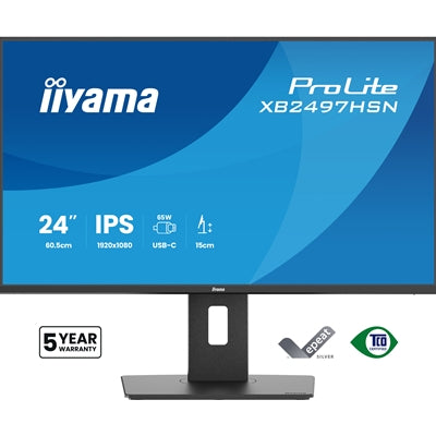 iiyama XB2497HSN-B1 24" IPS LCD USB-C Dock Display with 65W Charging, 4ms (1ms MPRT, Full HD 1920x1080, 350 cd/m2 Brightness, RJ45, 1x HDMI,1 x DisplayPort In, 1 x DP-OUT(MST), USB Hub 2x USB 3.0 + 2x USB-C (7.5W), 2W Speakers, Height Adjustable
