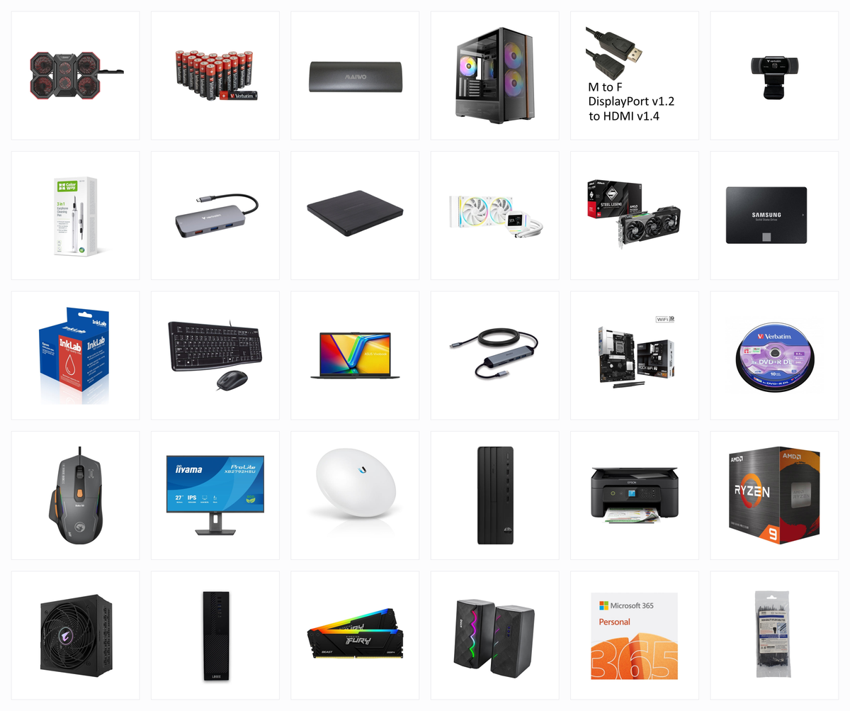 A wall of components, cables, drives and displays from the Dead Simple Components catalogue